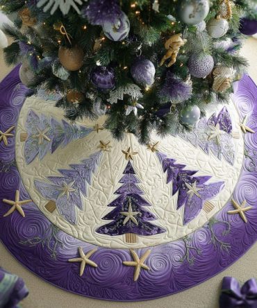 Purple Frosty Pines Village Christmas Tree Skirt - Custom Made Winter Village Design, Plush Fabric, Personalized Holiday Accent