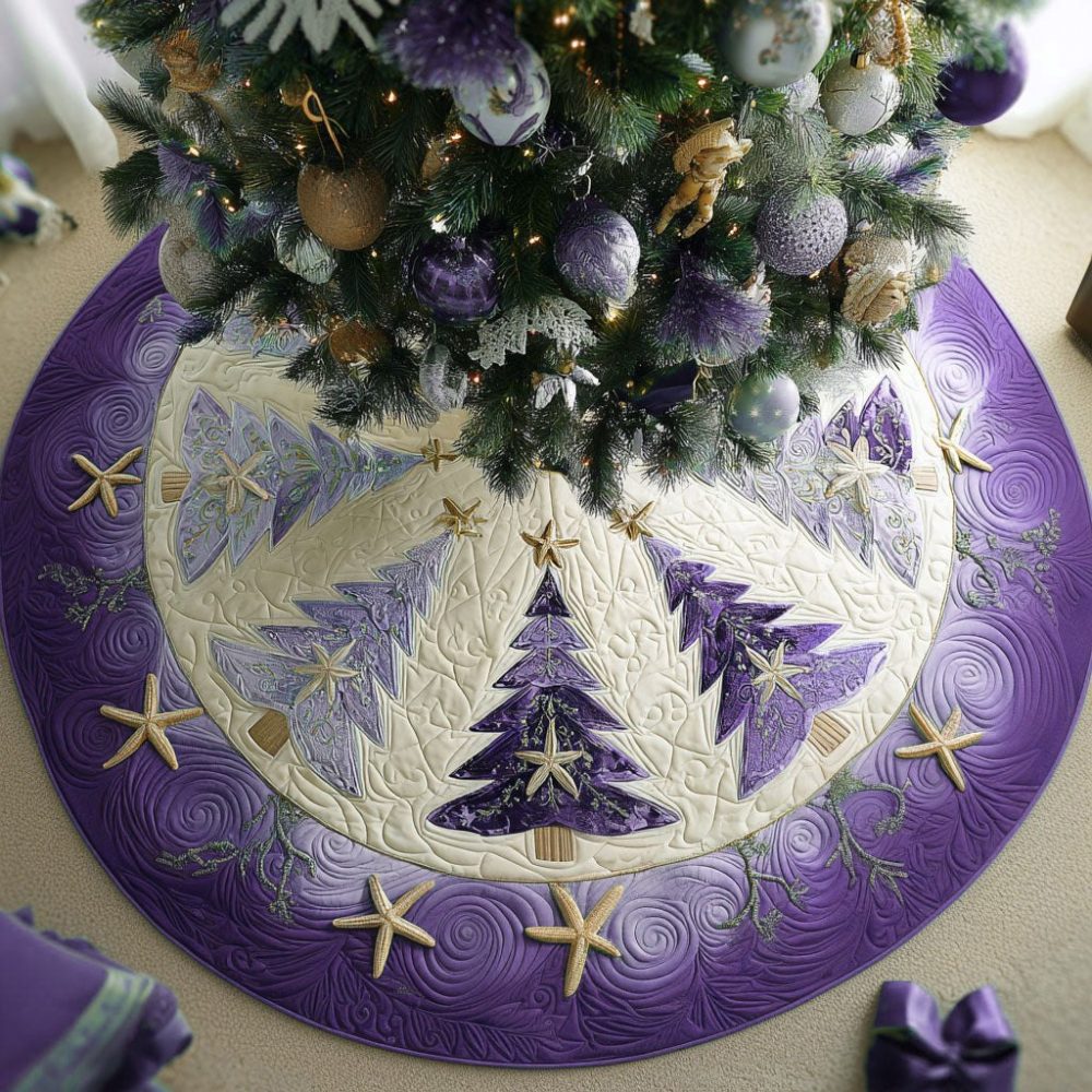 Purple Frosty Pines Village Christmas Tree Skirt - Custom Made Winter Village Design, Plush Fabric, Personalized Holiday Accent