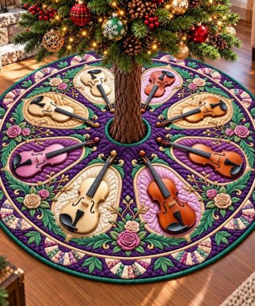 Purple Rose Concerto Holiday Tree Skirt — Romantic Rose Motif In Deep Purple, Luxury Velvet, Personalized Monogram & Elegant Gift Packaging