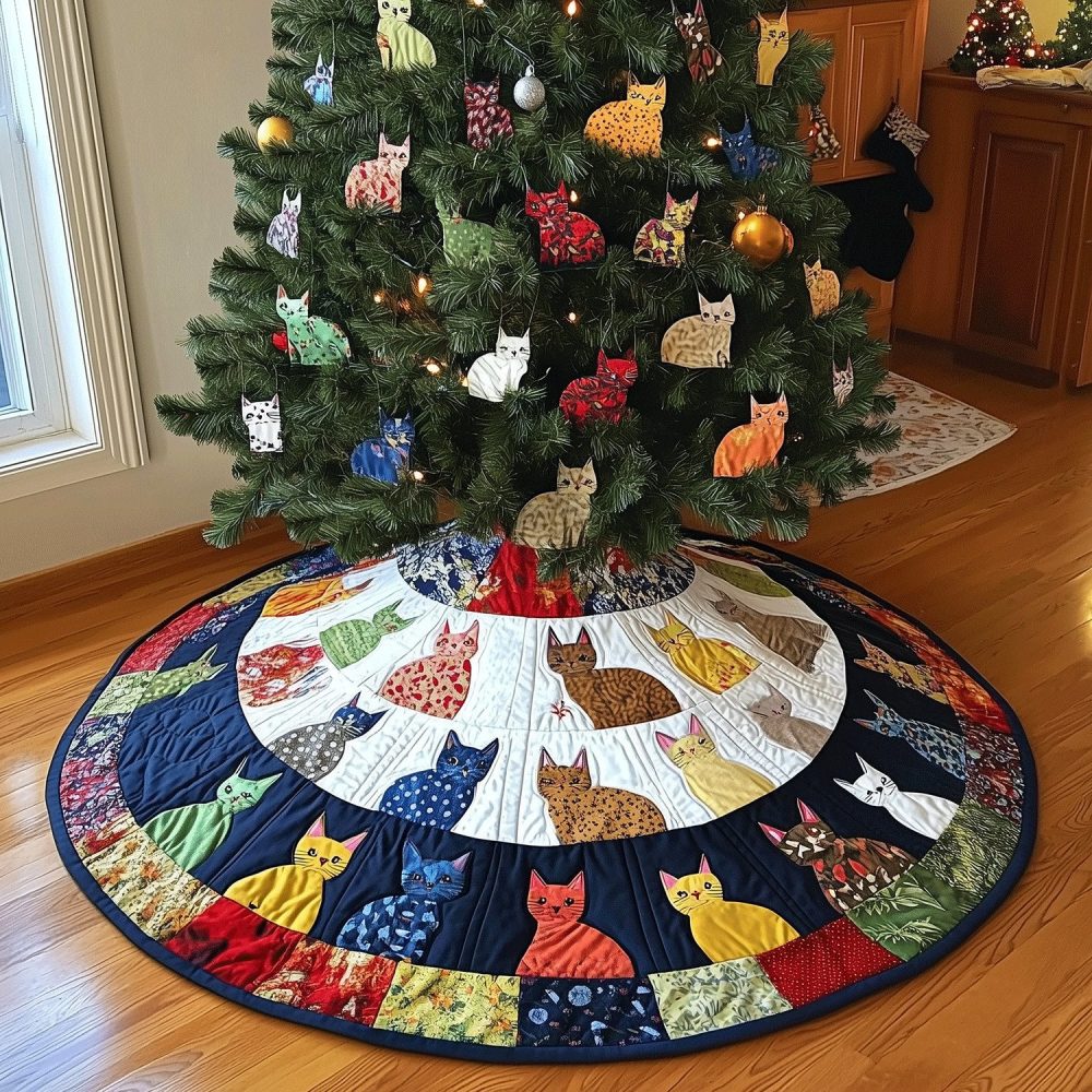 Purrfect Classic Cat Christmas Tree Skirt - Made-To-Order Handmade Tree Skirt, Cozy Fabrics, Personalized Holiday Centerpiece