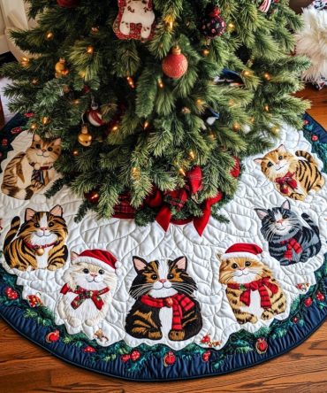 Purrfect Holiday Joy Cat Christmas Tree Skirt - Custom Handmade, Festive Patterns, Soft Backing, Personalized Pet Gift Option