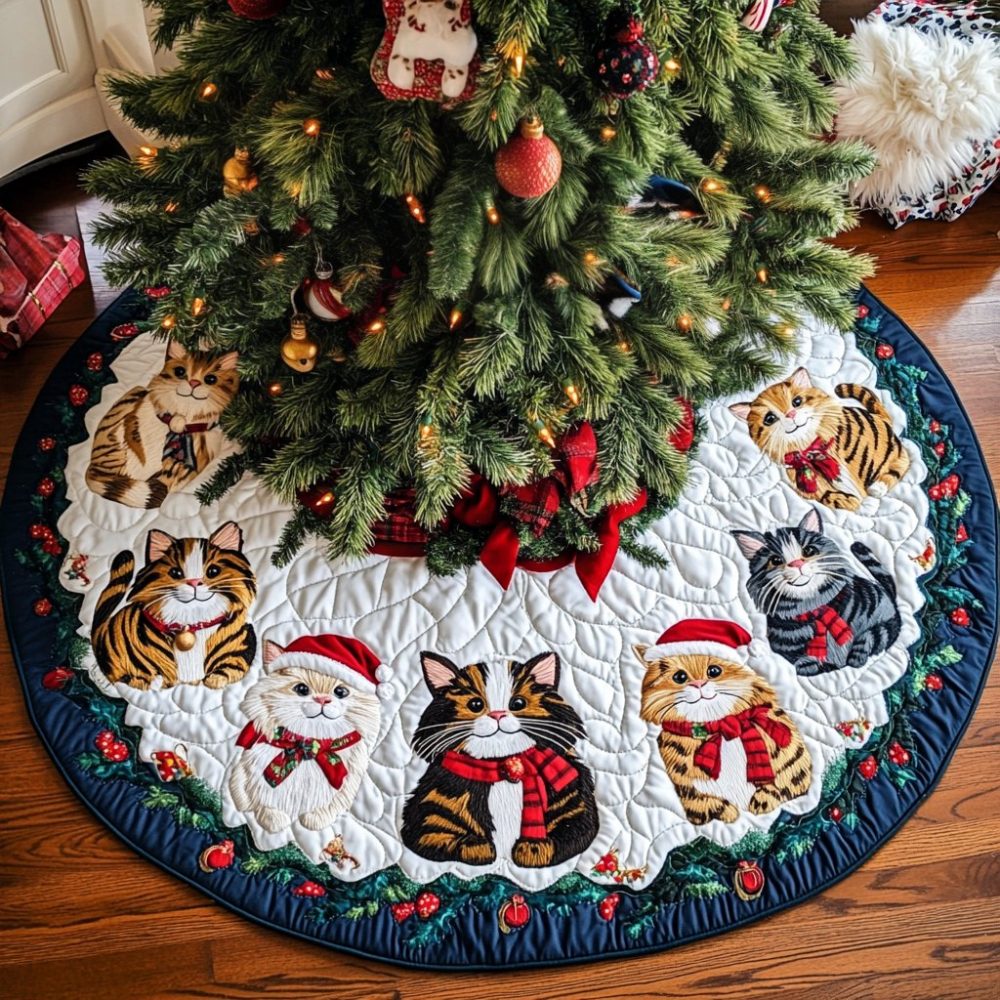 Purrfect Holiday Joy Cat Christmas Tree Skirt - Custom Handmade, Festive Patterns, Soft Backing, Personalized Pet Gift Option