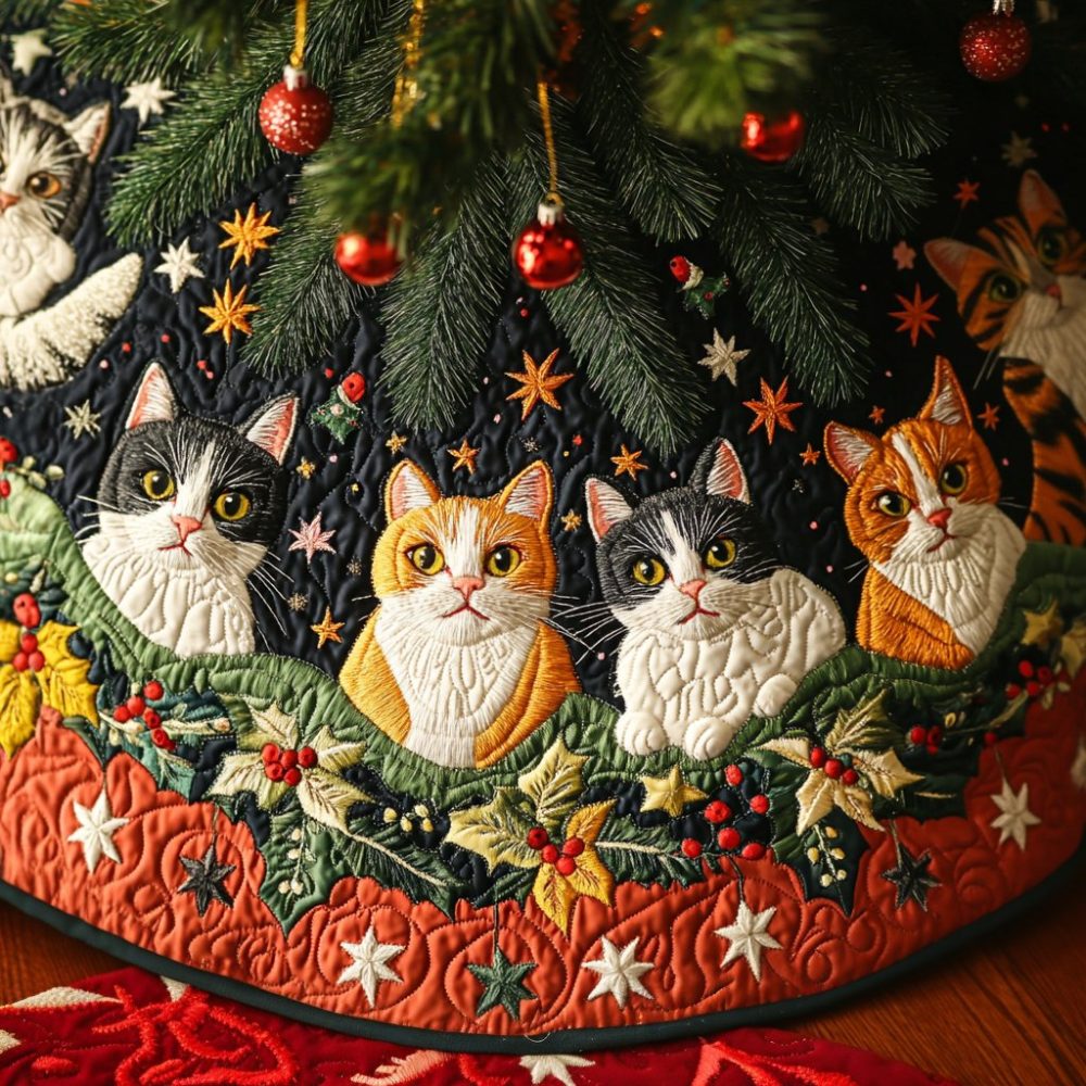 Purrfect Holiday Spirit Cat Tree Skirt - Custom Handmade Christmas Tree Skirt, Festive Pet-Themed Holiday Décor, Personalized