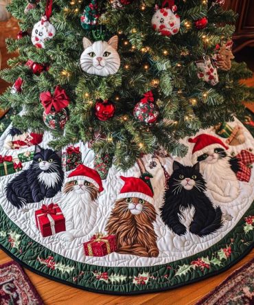 Purrfect Noel Cat Christmas Tree Skirt - Handmade Custom Tree Skirt, Festive Cat Motifs, Soft Plush Backing, Personalized Gift
