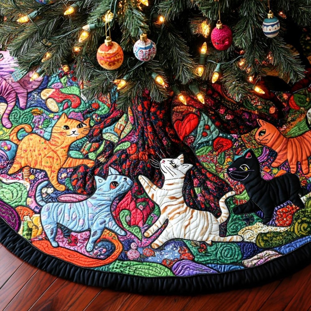 Custom Purrfect Patches Cat Christmas Tree Skirt - Handmade Holiday Pet Décor, Soft Fabric, Personalized Gift