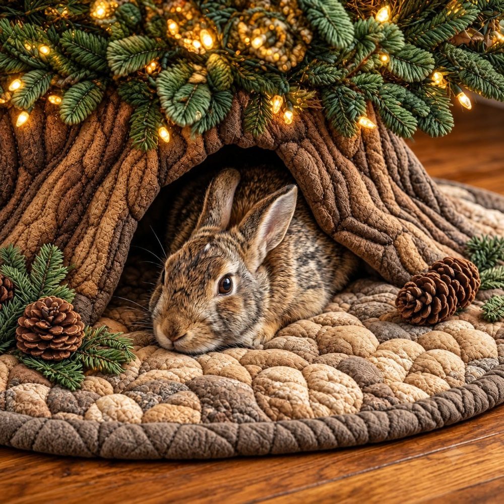 Whimsical Rabbit Den Holiday Tree Skirt — Made-To-Order Christmas Skirt, Soft Woodland Design For Cozy Seasonal Decor