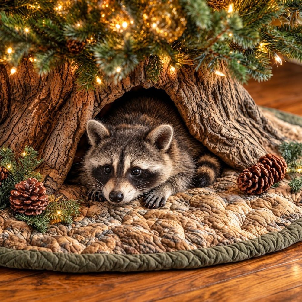 Raccoon Den Made-To-Order Tree Skirt — Cozy Woodland Holiday Base, Handcrafted Details, Durable & Family-Friendly