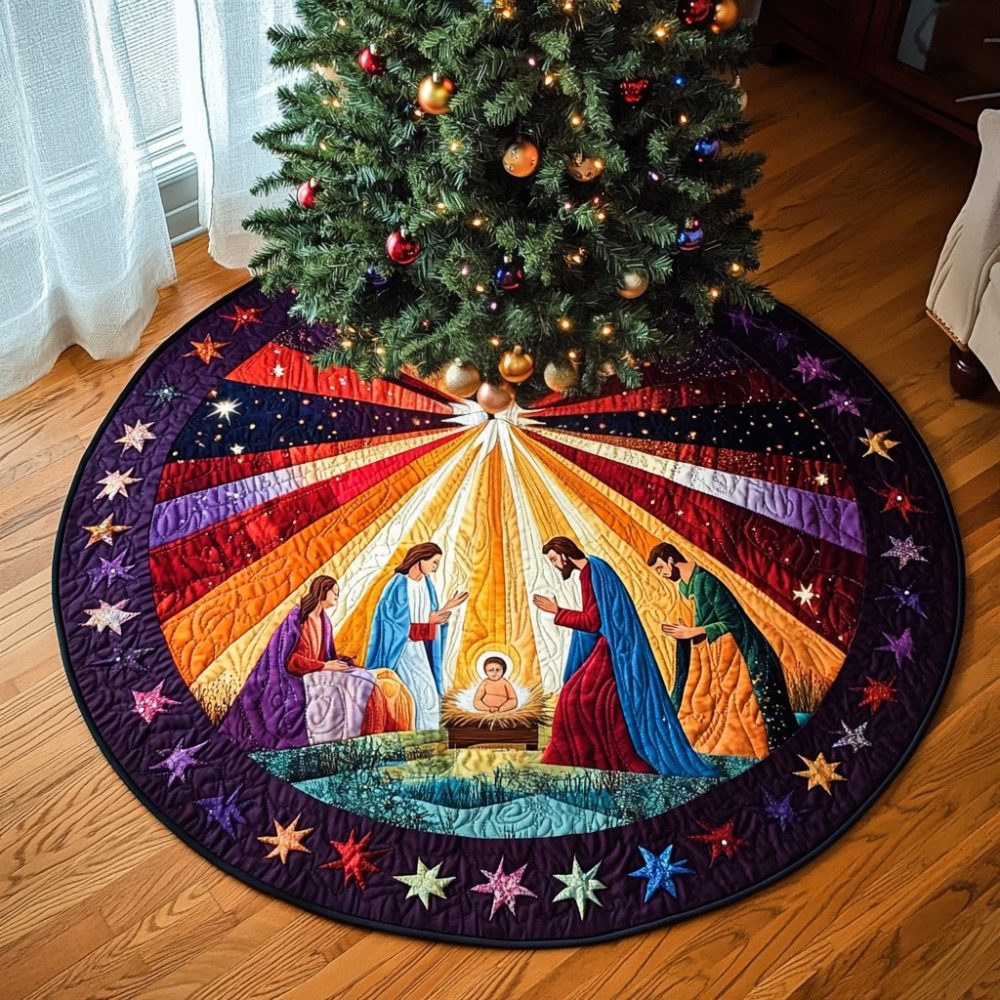Radiant Nativity Tree Skirt — Handcrafted Holy Family Scene, Premium Velvet, Custom Embroidery, Elegant Religious Christmas Decor