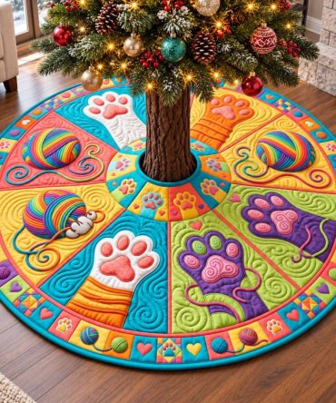Vibrant Rainbow Yarn Paws Tree Skirt — Custom Pet-Lovers Christmas Tree Base Cover, Handmade Colorful Holiday Décor, Made-To-Order
