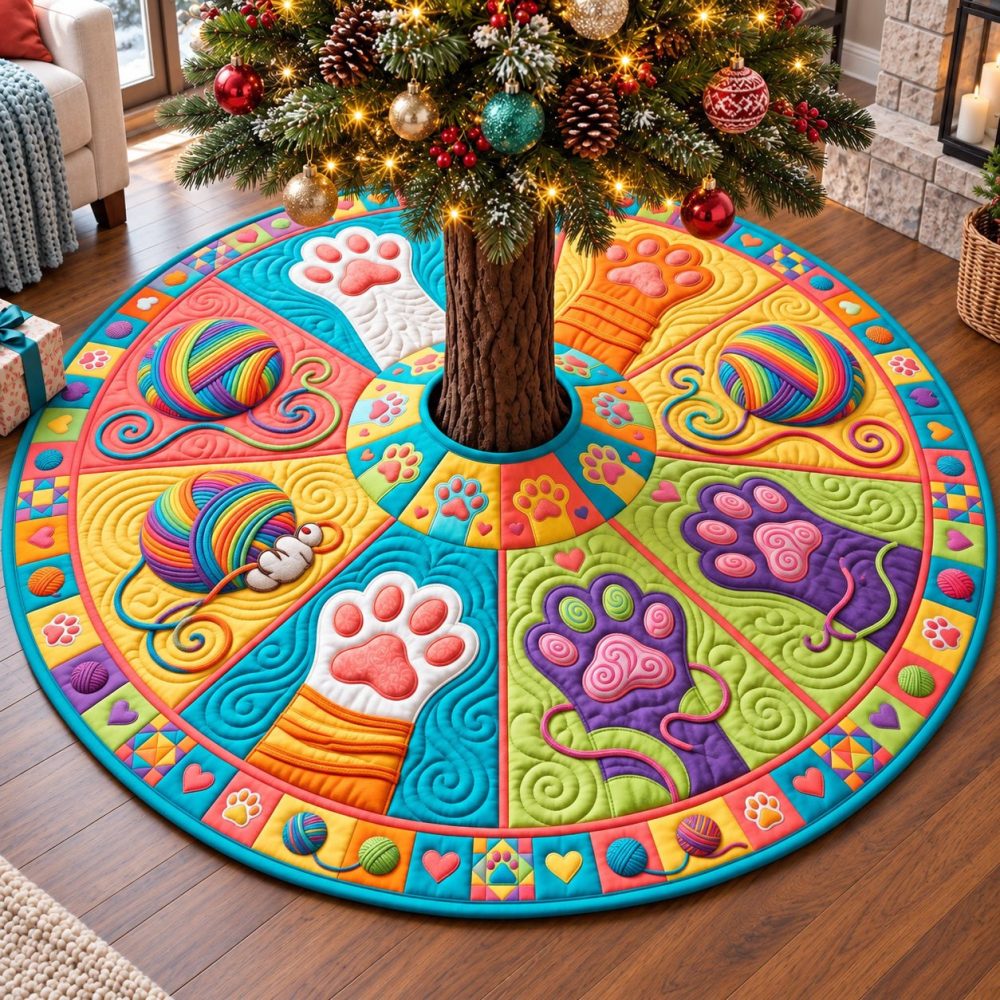 Vibrant Rainbow Yarn Paws Tree Skirt — Custom Pet-Lovers Christmas Tree Base Cover, Handmade Colorful Holiday Décor, Made-To-Order