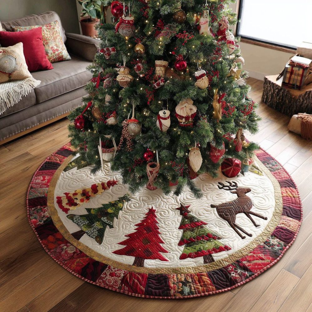 Rustic Red Cabin Tree Skirt — Cozy Lodge-Style Christmas Base Mat, Thick Felt, Custom Sizes, Ideal For Mantel & Hearth Displays
