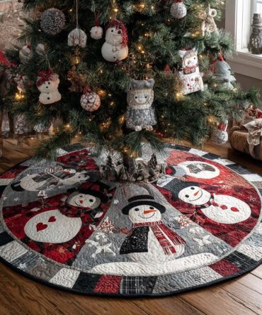 Round Red Snowman Tree Skirt — Circular Holiday Base Mat, Plush Felt Construction, Personalized Size & Finishing Options