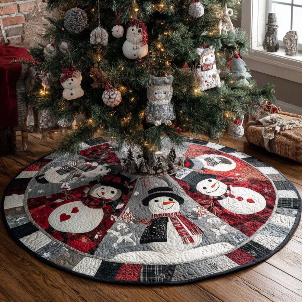 Round Red Snowman Tree Skirt — Circular Holiday Base Mat, Plush Felt Construction, Personalized Size & Finishing Options