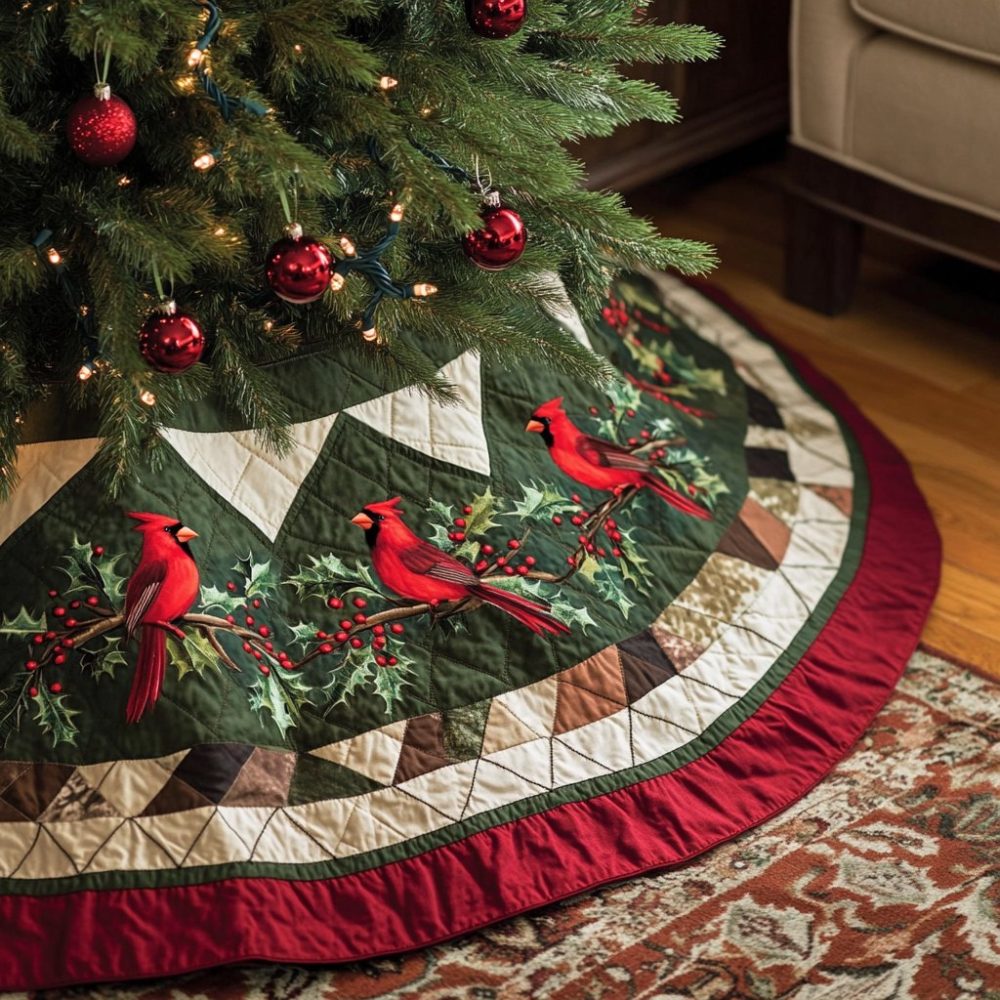 Redbird Bliss Christmas Tree Skirt — Vibrant Redbird Design, Custom-Made Holiday Skirt, Premium Plush, Handcrafted To Order