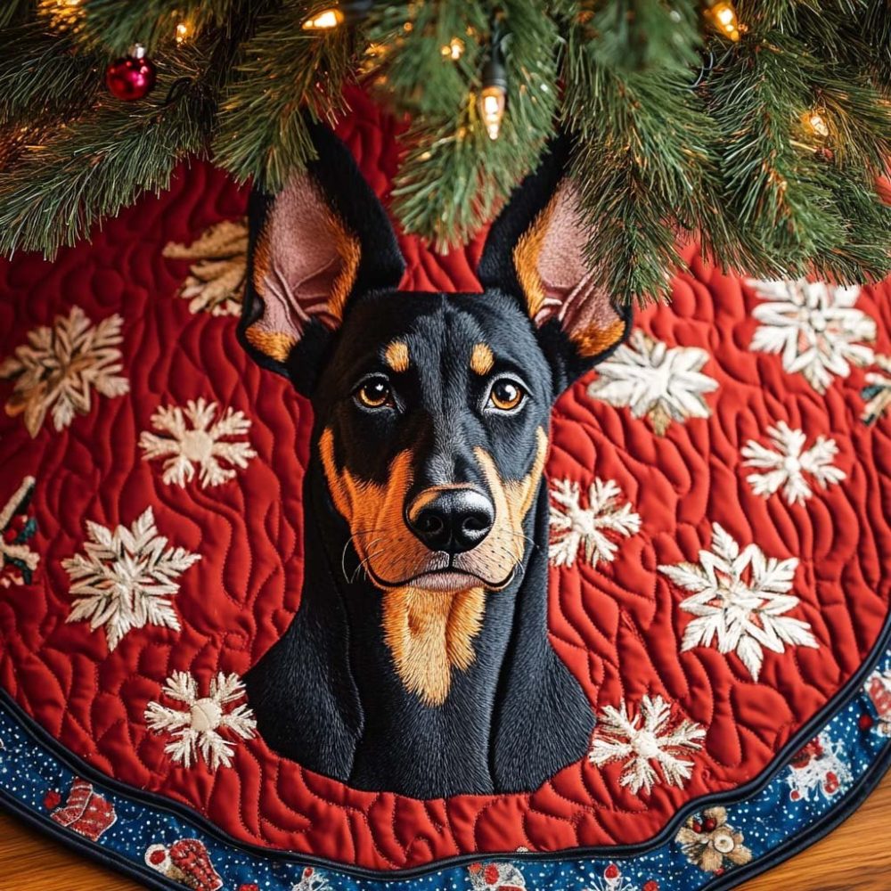 Regal Doberman Companion Tree Skirt — Sleek Dog Portrait Motif On Luxurious Velvet, Handcrafted & Customizable For Stylish Holiday Homes