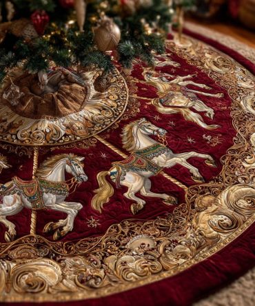 Merry-Go-Round Holiday Tree Skirt — Festive Carousel Motif On Luxurious Velvet, Custom Handmade To Inspire Joyful Seasonal Displays