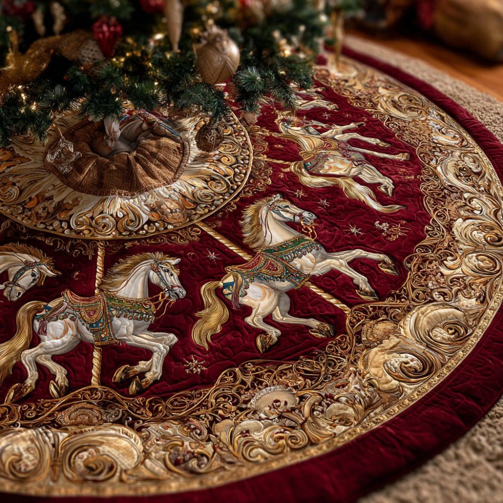 Merry-Go-Round Holiday Tree Skirt — Festive Carousel Motif On Luxurious Velvet, Custom Handmade To Inspire Joyful Seasonal Displays