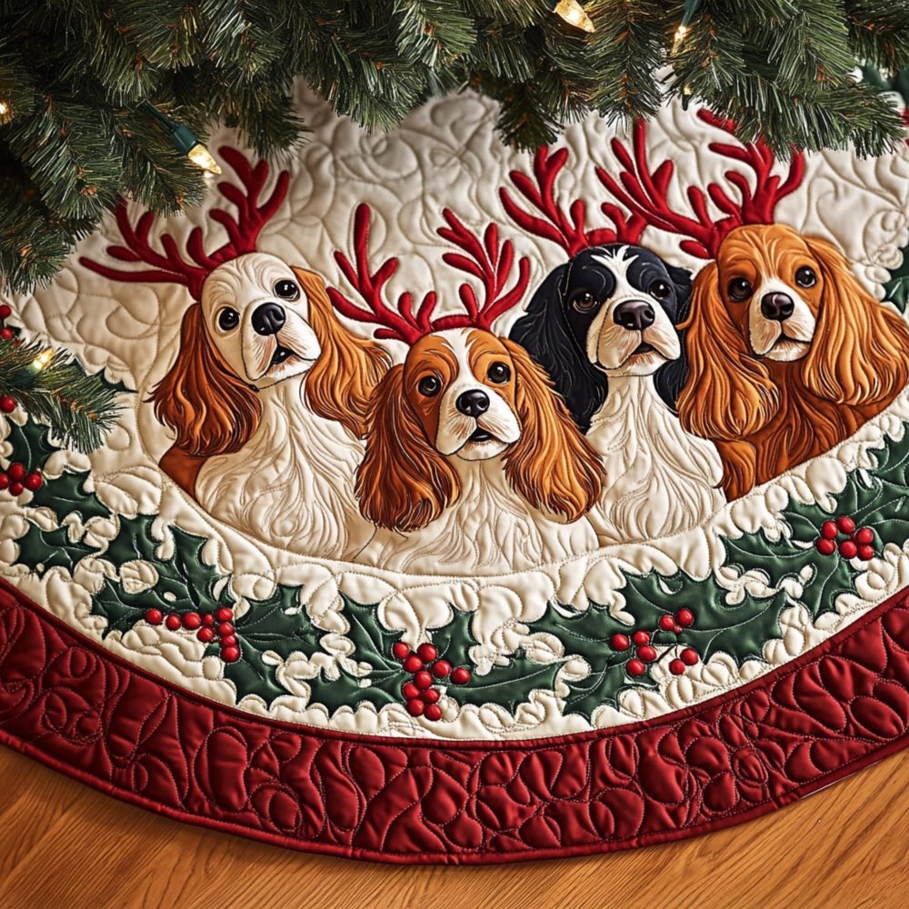 Regal Spaniel Slumber Tree Skirt — Cozy Dog-Themed Velvet Base With Sleeping Spaniel Motif, Handcrafted For Warm Holiday Vibes