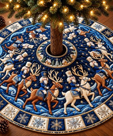 Reindeer Dance Festive Tree Skirt — Whimsical Reindeer Holiday Skirt, Durable Quilted Backing, Custom Size Options