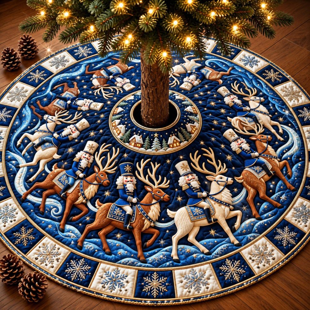 Reindeer Dance Festive Tree Skirt — Whimsical Reindeer Holiday Skirt, Durable Quilted Backing, Custom Size Options