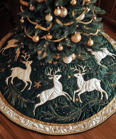 Emerald Velvet Tree Skirt With Ivory Leaping Reindeer — Handcrafted Holiday Base, Custom Options For Elegant Seasonal Styling