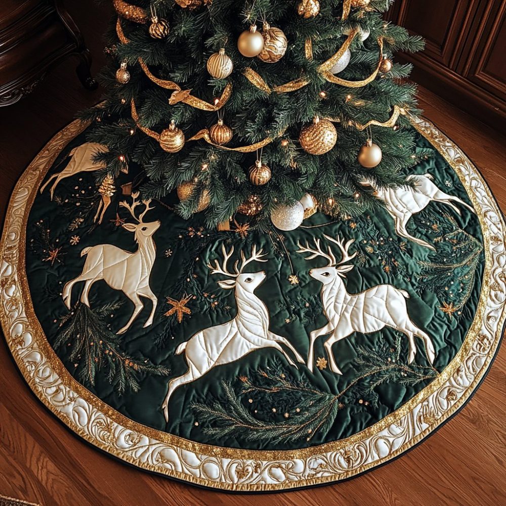 Emerald Velvet Tree Skirt With Ivory Leaping Reindeer — Handcrafted Holiday Base, Custom Options For Elegant Seasonal Styling