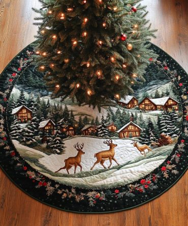 Snow Village Reindeer Tree Skirt — Scenic Winter Village Scene With Reindeer On Luxe Velvet, Handmade & Customizable For Holiday Display