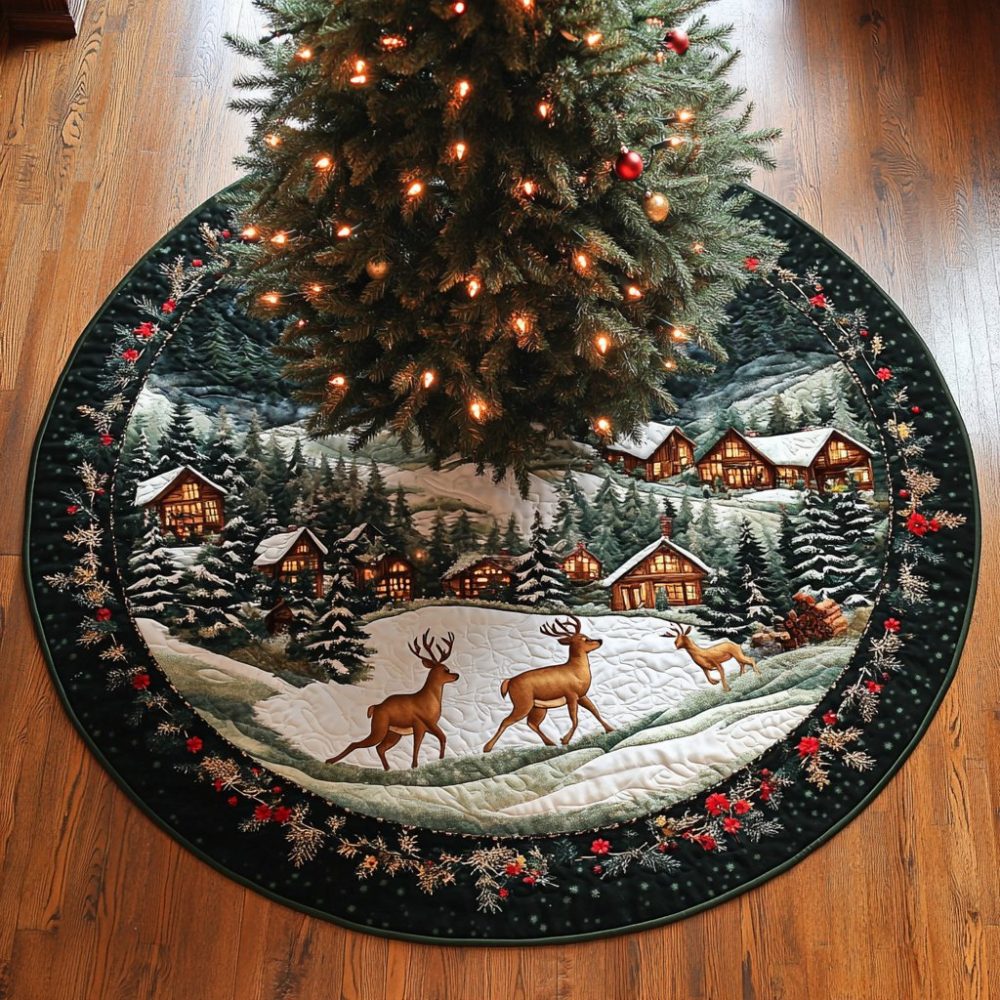 Snow Village Reindeer Tree Skirt — Scenic Winter Village Scene With Reindeer On Luxe Velvet, Handmade & Customizable For Holiday Display