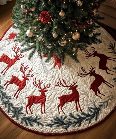 Reindeer Dreams Velvet Tree Skirt — Dreamy Holiday Base With Artistic Reindeer Scene, Custom Handmade For Cozy Seasonal Charm