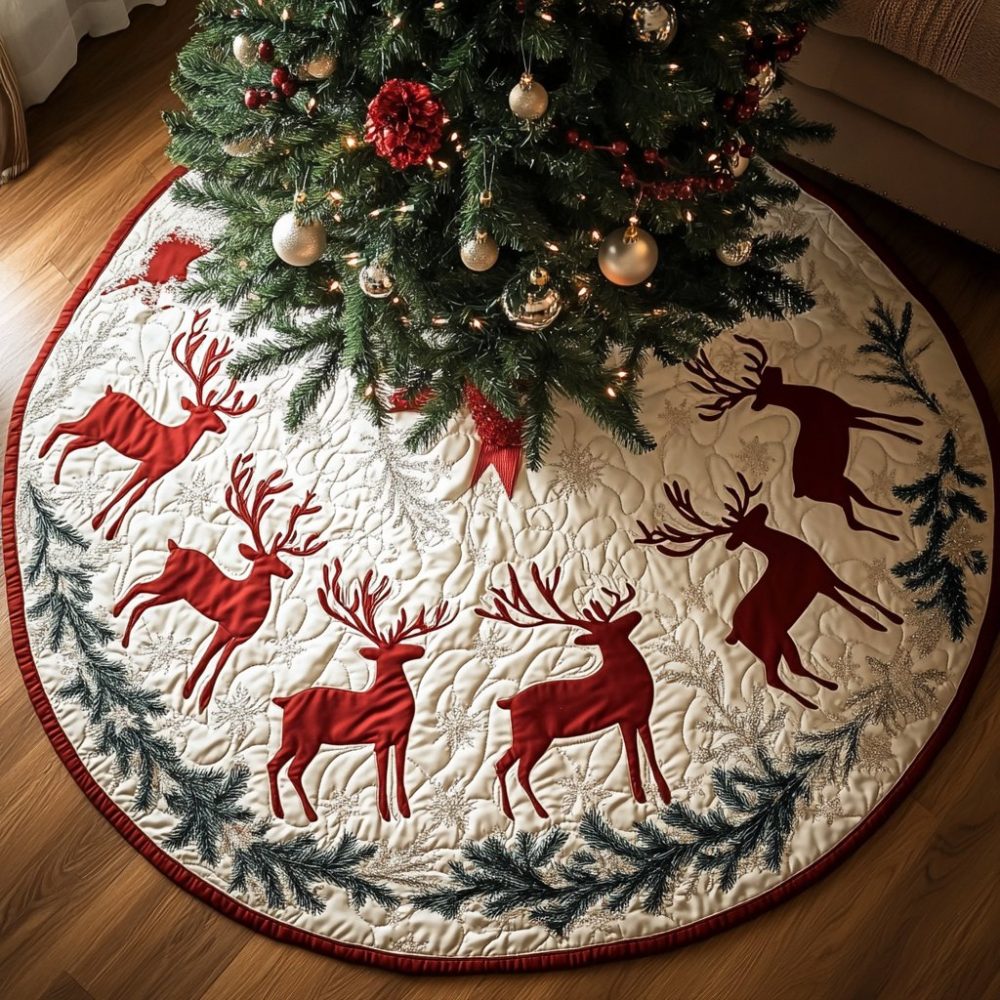 Reindeer Dreams Velvet Tree Skirt — Dreamy Holiday Base With Artistic Reindeer Scene, Custom Handmade For Cozy Seasonal Charm
