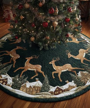 Glow Accent Reindeer Tree Skirt — Subtle Shimmer Velvet Holiday Base, Custom Handmade To Add Warmth And Depth Under Your Tree