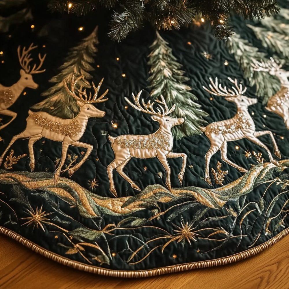 Dark Green Velvet Tree Skirt With Golden Reindeer — Classic Holiday Base, Handcrafted & Custom-Sized For Timeless Seasonal Décor