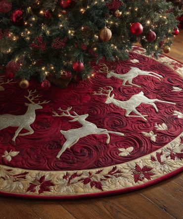 Wine Red Tree Skirt With White Reindeer Embroidery — Luxurious Holiday Base, Custom Handmade To Complement Classic Christmas Decor