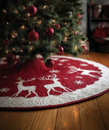 Ruby Silhouette Reindeer Tree Skirt — Velvet Red Holiday Tree Base With Elegant Reindeer Cutout Motif, Custom Handmade