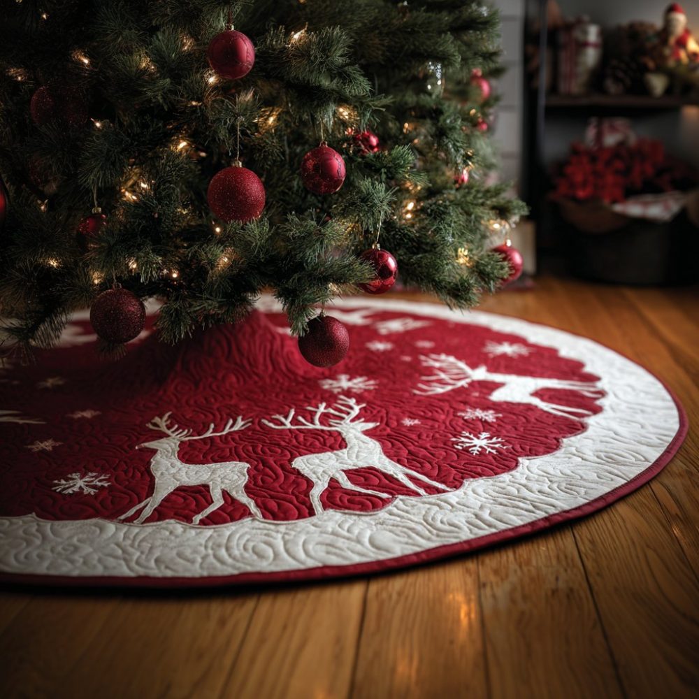 Ruby Silhouette Reindeer Tree Skirt — Velvet Red Holiday Tree Base With Elegant Reindeer Cutout Motif, Custom Handmade