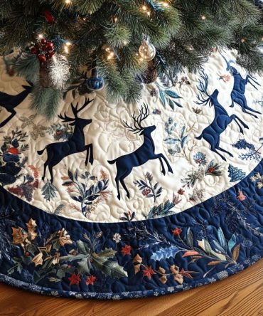 Reindeer Reverie Christmas Tree Skirt — Elegant Handcrafted Holiday Skirt, Customizable Sizes & Luxurious Festive Finish