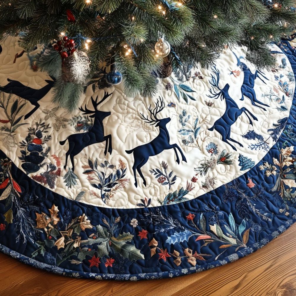 Reindeer Reverie Christmas Tree Skirt — Elegant Handcrafted Holiday Skirt, Customizable Sizes & Luxurious Festive Finish