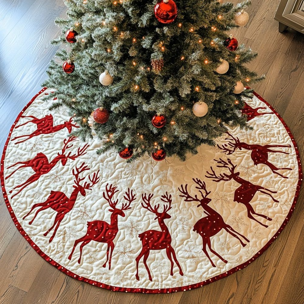 Reindeer Ridge Christmas Tree Skirt — Rustic Handcrafted Holiday Décor, Custom Sizing & Durable Festive Design