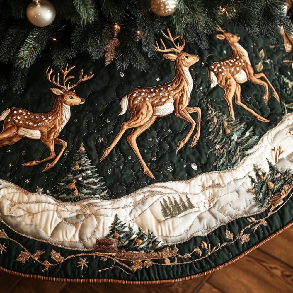 Reindeer Run Christmas Tree Skirt — Playful Handcrafted Holiday Accent, Custom Fit For Family-Friendly Tree Displays