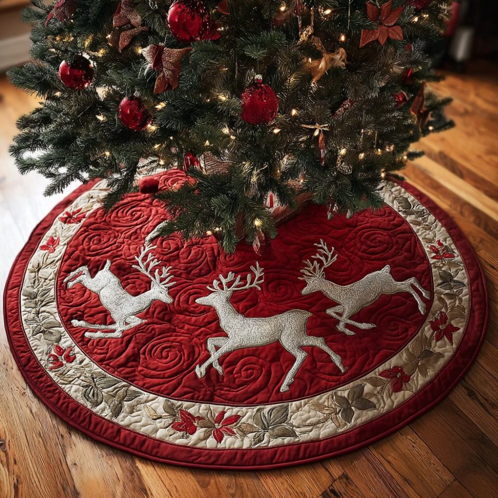 Reindeer Spirit Christmas Tree Skirt — Festive Handcrafted Holiday Skirt, Customizable Size & Color For Every Tree