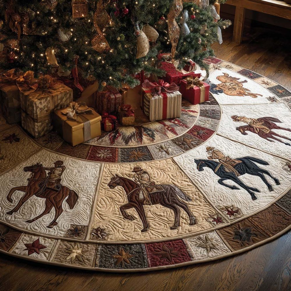Western Riding Round-Up Christmas Tree Skirt — Custom Rustic Cowboy Holiday Décor, Handcrafted & Adjustable Fit