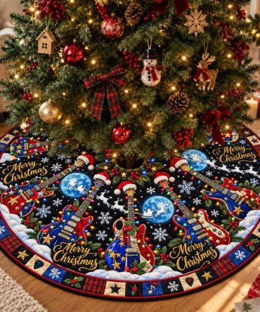 Custom Rockin' Holiday Tree Skirt — Retro Music-Themed Christmas Decor, Plush Finish, Handmade & Personalized Accent