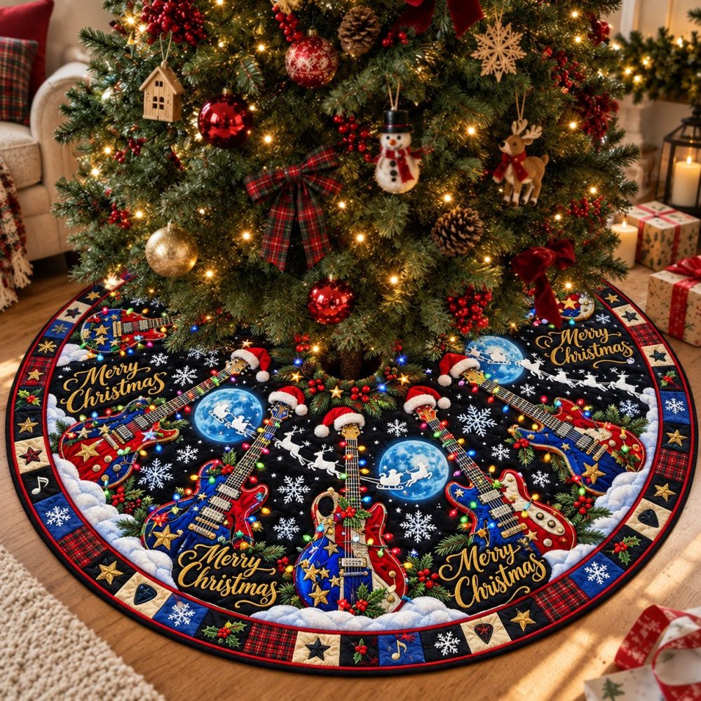 Custom Rockin' Holiday Tree Skirt — Retro Music-Themed Christmas Decor, Plush Finish, Handmade & Personalized Accent