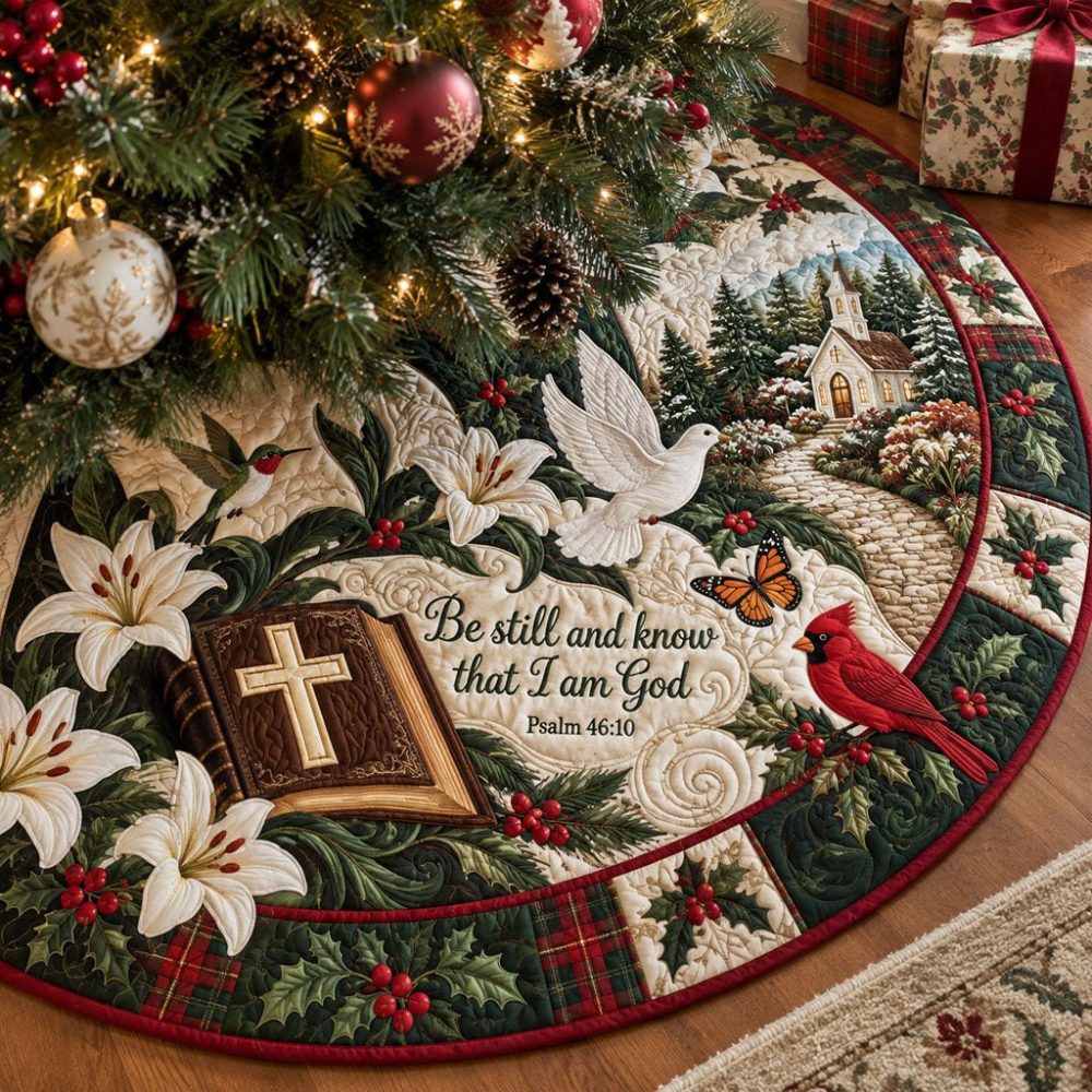 Rooted In Faith Tree Skirt — Made-To-Order Faith-Focused Christmas Skirt With Elegant Motifs, Custom Fit & Heirloom Construction
