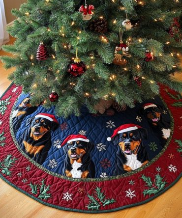 Rottweiler Xmas Joy Holiday Tree Skirt - Bold Rottweiler Dog Christmas Skirt, Handmade Pet Lover Festive Décor With Custom Fit Options