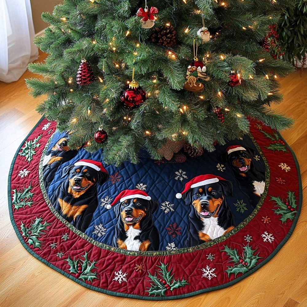 Rottweiler Xmas Joy Holiday Tree Skirt - Bold Rottweiler Dog Christmas Skirt, Handmade Pet Lover Festive Décor With Custom Fit Options