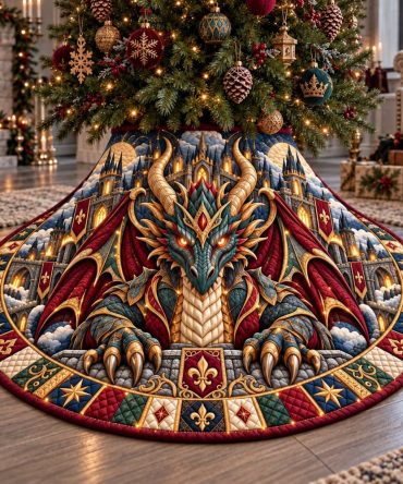 Royal Dragon Guardian Majestic Christmas Tree Skirt — Regal Dragon Emblem Holiday Mat, Handcrafted Detail, Custom Sizes For Statement Displays