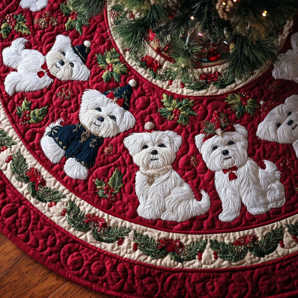 Royal Maltese Red Holiday Tree Skirt - Elegant Maltese Dog Christmas Skirt, Handmade Red Festive Pet Décor With Custom Sizing