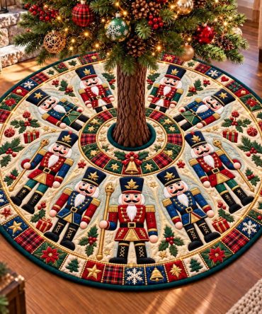 Royal Nutcracker Circle Tree Skirt - Elegant Quilted Christmas Tree Skirt With Regal Nutcracker Motif, Custom Handcrafted