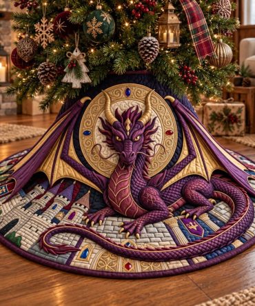 Royal Purple Dragon Velvet Christmas Tree Skirt — Luxurious Purple Dragon Holiday Skirt, Handcrafted, Custom Fit